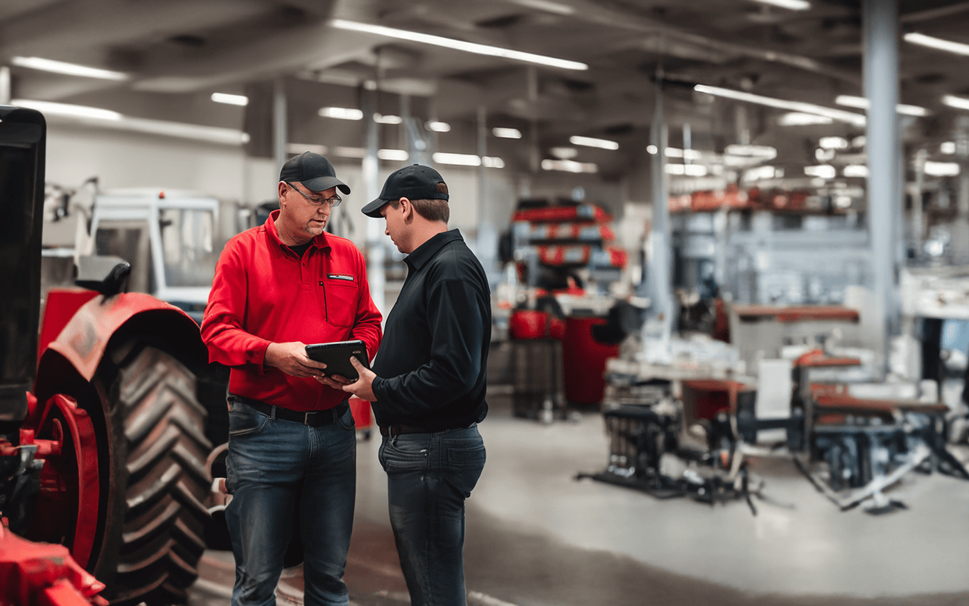 Two men working in a tractor dealership are talking with each other while holding onto a tablet.