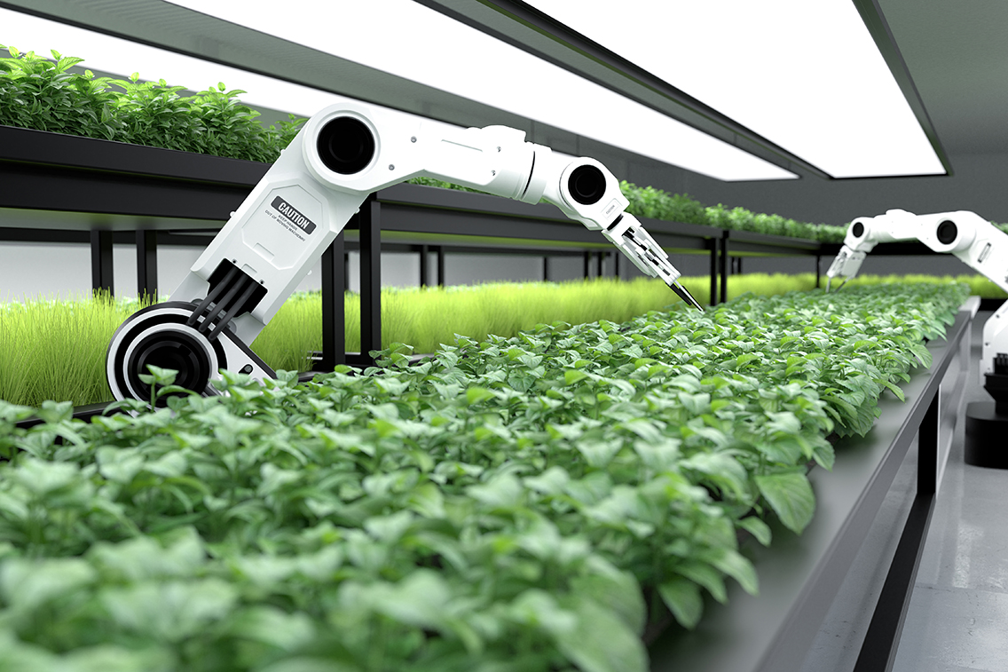 Robot arms being used to farm in an indoor futuristic farm.