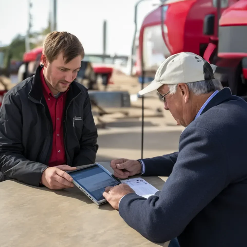 Farm equipment mechanic explaining to farmer using a tablet