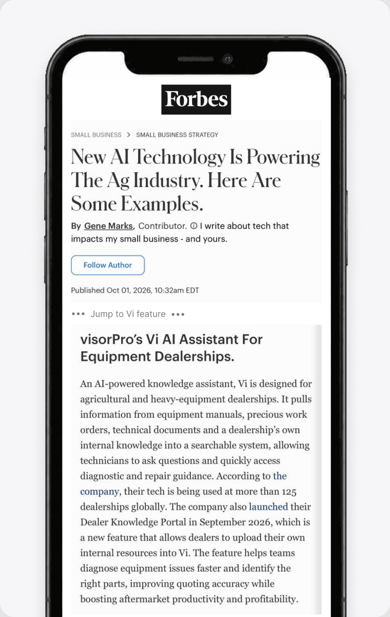 Phone preview of the Forbes article featuring Vi by visorPRO® on a gray background.